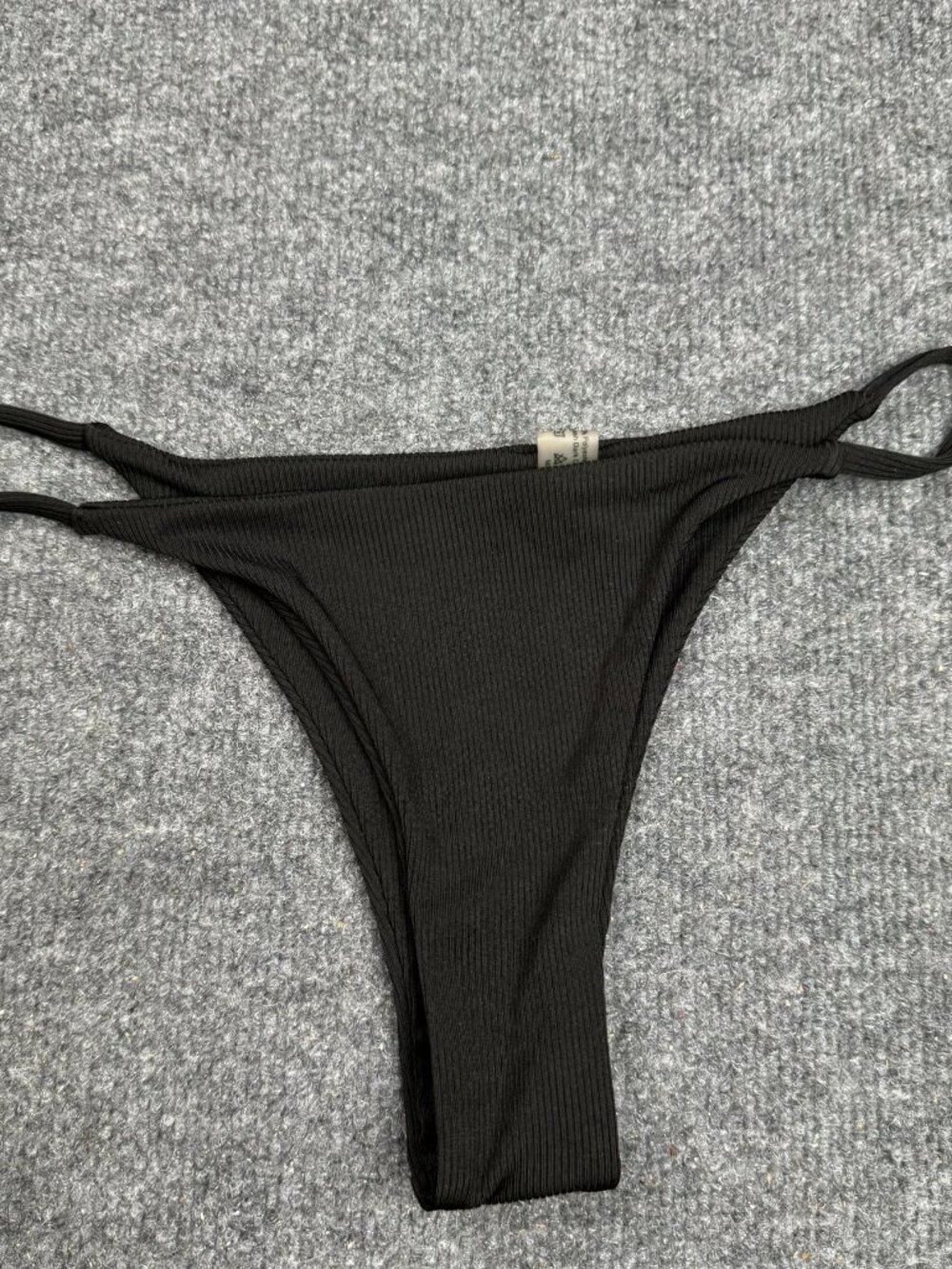 Women's Black Ribbed Bikini Bottom Size M Medium Double Strap Thong Swimwear